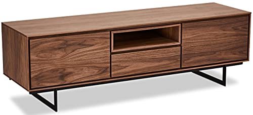 Ibbe Design Nussbaum Matt Tv Tisch Lowboard MDF Walnuss Furnier Tokyo mit 2 Türen und Schublade, Schwarz Metall Gestell, 160x45x50 cm von Furnhouse