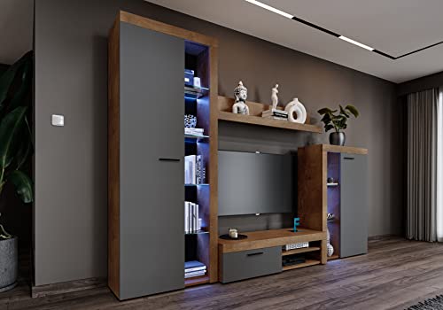 Furnix Wohnwand RIVAY Mediawand Modern Grau Wohnzimmer 4-TLG Komplett-Set - TV Lowboard, Highboard Vitrine, Wandregal - Modern Freistehend - B270 x H190 x T40,2 cm, Farbe Lefkas Eiche/Graphit von Furnix