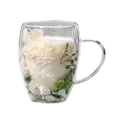 350ml Doppelwandige Glasbecher Tasse Mit Trockenen Blumen, getrocknete Blumen doppelwandige Glastasse, Glas-Kaffeetassen mit Griff, Schöne Teetasse Mit Griff Isoliert Hitzebeständig von Furtryvl