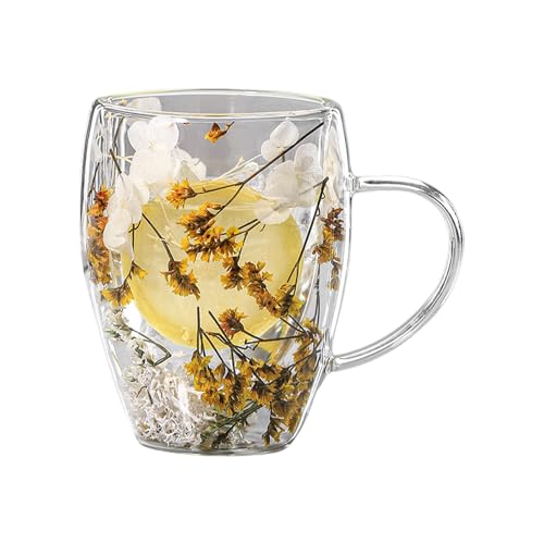 350ml Doppelwandige Glasbecher Tasse Mit Trockenen Blumen, getrocknete Blumen doppelwandige Glastasse, Glas-Kaffeetassen mit Griff, Schöne Teetasse Mit Griff Isoliert Hitzebeständig von Furtryvl