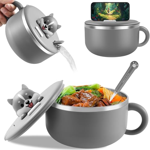 Fyeme Instant-Nudeln Schüssel Instant Nudelschüssel Edelstahl 1200ml Instant-Ramen-Schüssel mit deckel und Gabel Ramen Bowl Wärmeisolierung Siegel fur Suppe Nudeln Knödel Salate (grau) von Fyeme