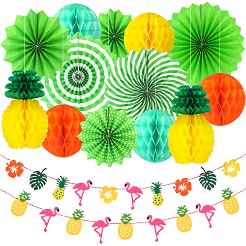 G2PLUS 15 Stück Hawaii Party Dekoration - Papier Pompoms - Papierfächer Faltbar mit Hawaii Papier Wimpelkette für Hochzeit & Baby-Shower, Geburtstag Party von G2PLUS