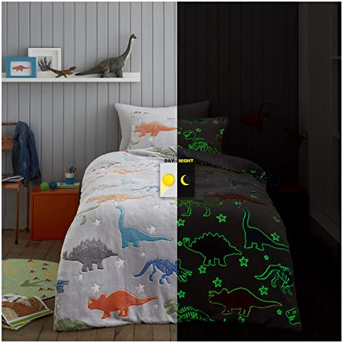 GC GAVENO CAVAILIA Dinosaurier-Bettwäsche-Set, leuchtet im Dunkeln, Einzelbett-Set für Kinder, Flauschige Bettbezüge, Grau von GC GAVENO CAVAILIA