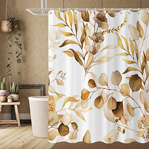 GCIREC Braun Eukalyptus Blatt Stall Duschvorhang, Braun Botanisch Aquarell Pflanzen Badezimmer Vorhang Badewanne Wohnkultur Wasserdichter Stoff Maschinenwaschbar mit 12 PCS Haken,180x180cm von GCIREC