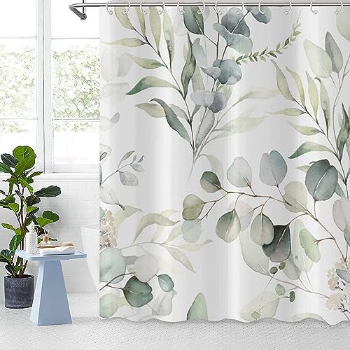 GCIREC Eukalyptus Blatt Duschvorhänge, Salbei grün Frühling botanische Aquarell Pflanzen Bad Vorhänge Badewanne Home Decor wasserdicht Stoff Maschine waschbar mit 12 PCS Haken,165x180cm von GCIREC