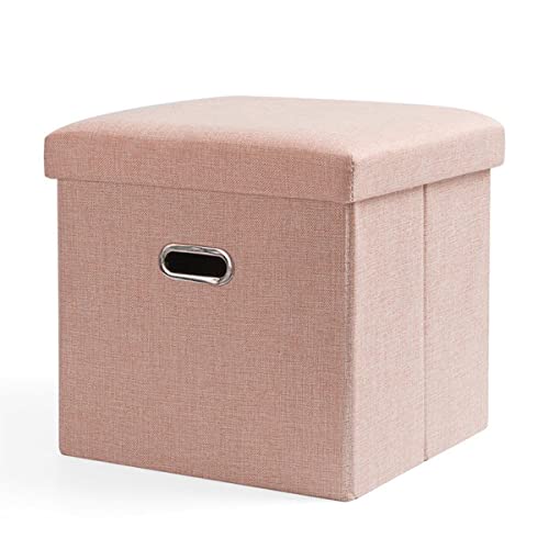 GDHomible Faltbare Sitzhocker mit Stauraum, Hocker Aufbewahrungsbox Fußablage Aufbewahrungsbox Gepolsterte Sitzfläche aus Leinen Faltbar Aufbewahrungshocker Sitzbank (31 * 31 * 31cm,Pink) von GDHomible