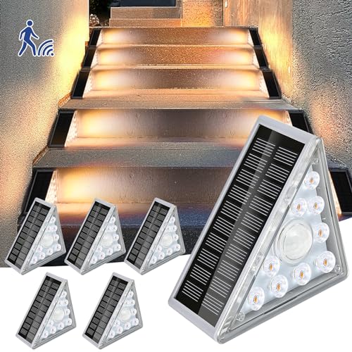 Solarlampen für Außen, Treppenlicht mit Bewegungssensor, 9 LEDs Solarleuchten Solar Treppe Lampe, IP68 Wasserdichte Gartenlampen, LED Treppen Beleuchtung für Stufen (6 Stück Warmes Licht NEU) von GDWD