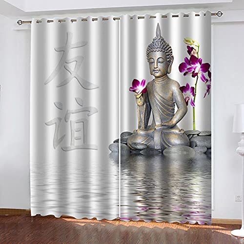 GDYRBY 2Er Set Blickdichte Gardinen 3D Druck Buddha-Statue Muster Verdunkelungsvorhang, Lichtundurchlässige Vorhang Mit Ösen Für Schlafzimmer Wohnzimmer Geräuschreduzierung 260X220cm(HxB) von GDYRBY