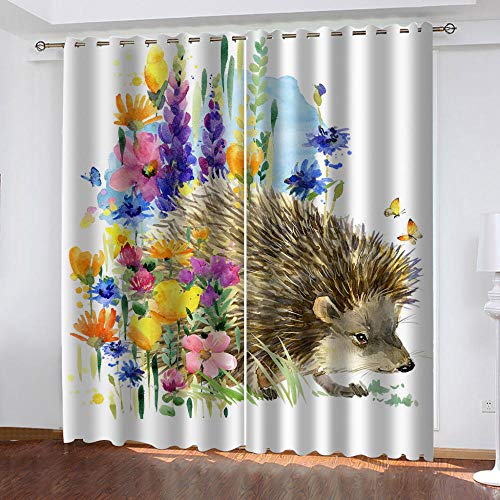 GDYRBY 3D Druck Aquarell Blume Igel Muster Verdunklungsvorhänge Kinderzimmer Junge Mädchen Blickdichte Vorhänge 240X230cm(HxB) 2Er Set Gardinen Mit Ösen Wohnzimmer Modern Fensterdekoration von GDYRBY