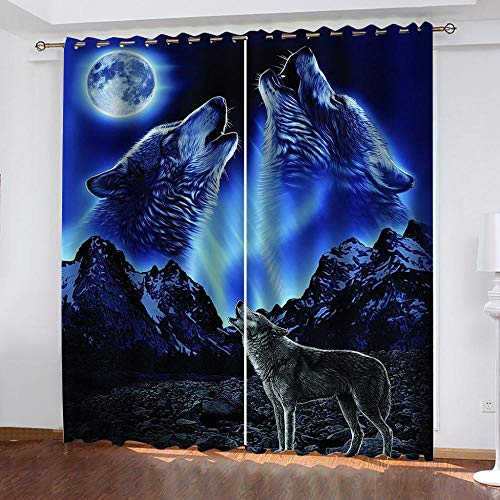 GDYRBY Blickdichter Vorhang Schlafzimmer Verdunkelungsvorhang Wohnzimmer Kinderzimmer Wärmedämmvorhang Fensterdekoration 3D Hd Druck Moonlight Animal Wolf Muster Gardinen Mit Ösen 220X210cm(HxB) von GDYRBY