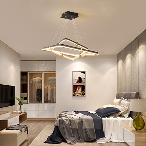 GEADI Moderne schwarze Kronleuchter Esszimmer Leuchte, 90W dimmbare LED moderne Pendelleuchte, 2-Ring rechteckige Kronleuchter Hängeleuchte für Kücheninsel Wohnzimmer Flur, Φ = 24 ''+ 16 '' von GEADI