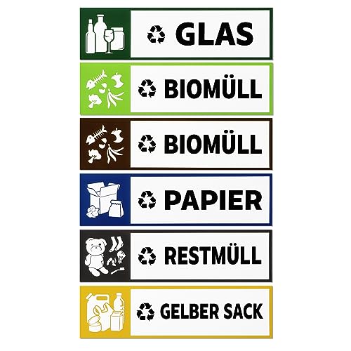 GEBETTER 6 Stück 6 Stilen Mülltrennung Aufkleber 15 x 4 cm Gelber Sack Restmüll Altpapier Biomüll Altglas Recycling Sticker Mülltonne Mülltonnenaufkleber Abfalltrennung für Mülleimer Müllaufkleber von GEBETTER