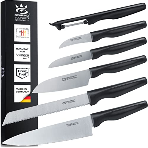 NEU| SOLINGEN | Küchenmesserset - Messerset 6 tlg.| rostfreie, eisgehärtete & scharfe Messer, Made in Germany | Messer Set vom Kochmesser bis zum Sparschäler – geeignet f. Messerblock | Serie WAVE… von GEHRING