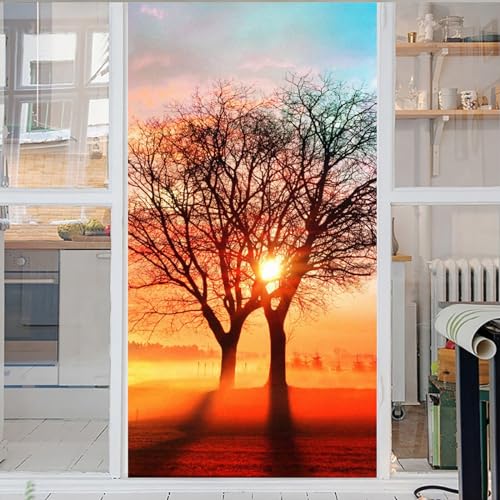 Sonnenuntergang Fensterfolie Selbsthaftend Baum,Fensterfolie Sichtschutz 3D Dekorative Statische Für Zuhause Frischhaltefolie Abdeckung Fensterfolie Selbsthaftend Blickdicht 50x100cm von GELOUT