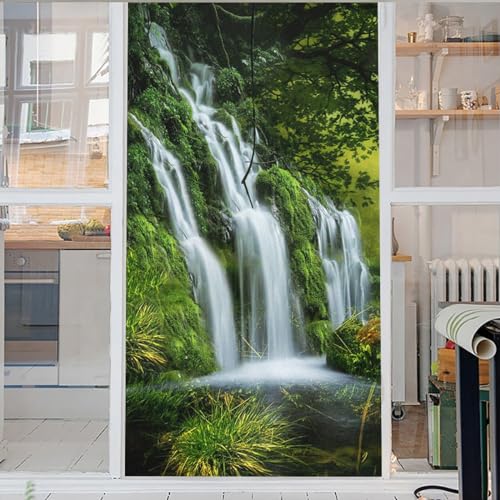 Wasserfall Fensterfolie Selbsthaftend Baum Fensterfolie Blickdicht 3D Glasaufkleber Statisch Selbsthaftend Ohne Kleber Uv Schutz Fensterfolie Milchglas 45x200cm von GELOUT