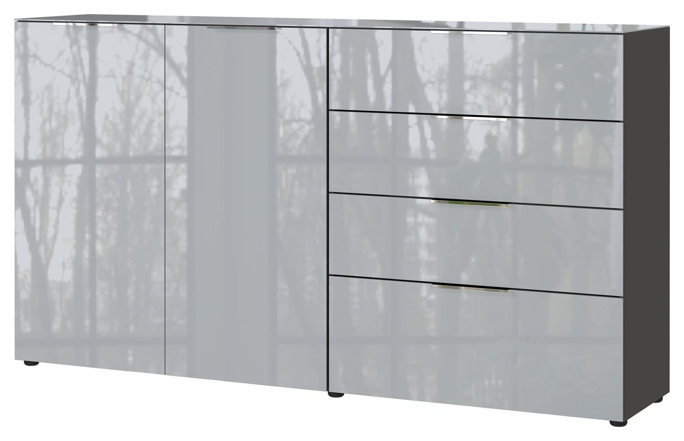 GERMANIA Sideboard OAKLAND, Graphitfarben, Silbergrau, 2 Türen, 4 Schubladen, Fronten aus Glas, B 184 x H 102 x T 42 cm von GERMANIA