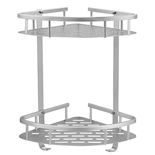 GERUIKE Duschkorb Ohne Bohren Ecke - Badezimmer Regal Silber - Duschregal Ecke Badezimmer Organizer, Duschkörbe mit Stark Kleber, Aluminium Eckregal Bad 2-Tier Duschablage Ohne Bohren von GERUIKE