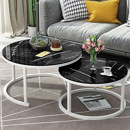 2er-Set stapelbarer Couchtisch mit rundem Metallrahmen, Schreibtischplatte aus Glas in Marmoroptik, Satztische für Homeoffice, Wohnzimmer oder Lounge (Farbe: weißer Rahmen, Größe: 70 cm Schw von GHKFEJGDEN