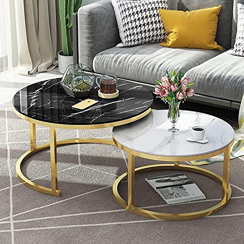 2er-Set stapelbarer Couchtisch mit rundem Metallrahmen, Schreibtischplatte aus Glas in Marmoroptik, Satztische für das Homeoffice, Wohnzimmer oder Lounge (Farbe: Goldrahmen, Größe: 70 cm Sch von GHKFEJGDEN