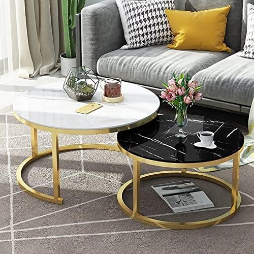 2er-Set stapelbarer Couchtisch mit rundem Metallrahmen, Schreibtischplatte aus Glas in Marmoroptik, Satztische für das Homeoffice, Wohnzimmer oder Lounge (Farbe: Goldrahmen, Größe: 70 cm Wei von GHKFEJGDEN