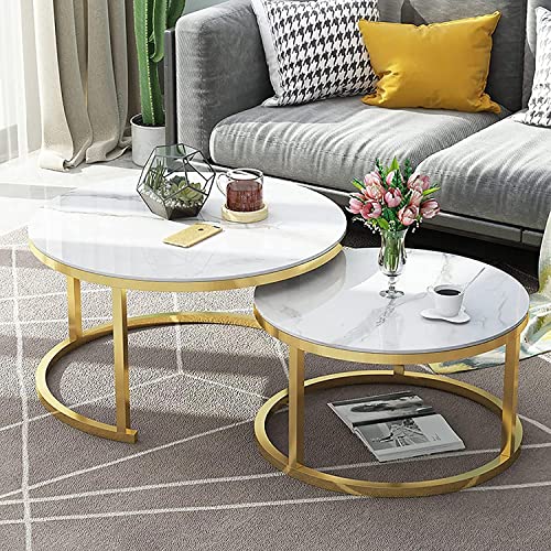 2er-Set stapelbarer Couchtisch mit rundem Metallrahmen, Schreibtischplatte aus Glas in Marmoroptik, Satztische für das Homeoffice, Wohnzimmer oder Lounge (Farbe: Goldrahmen, Größe: 70 cm Wei von GHKFEJGDEN