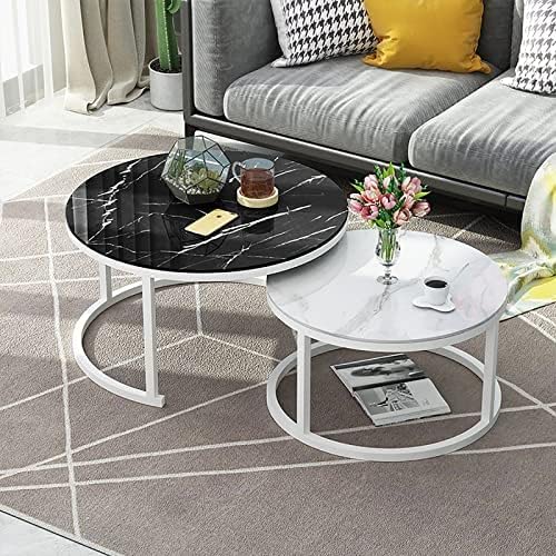 2er-Set stapelbarer Couchtisch mit rundem Metallrahmen, Schreibtischplatte aus Glas in Marmoroptik, Satztische für das Homeoffice, Wohnzimmer oder Lounge (Farbe: Weißer Rahmen, Größe: 70 cm von GHKFEJGDEN