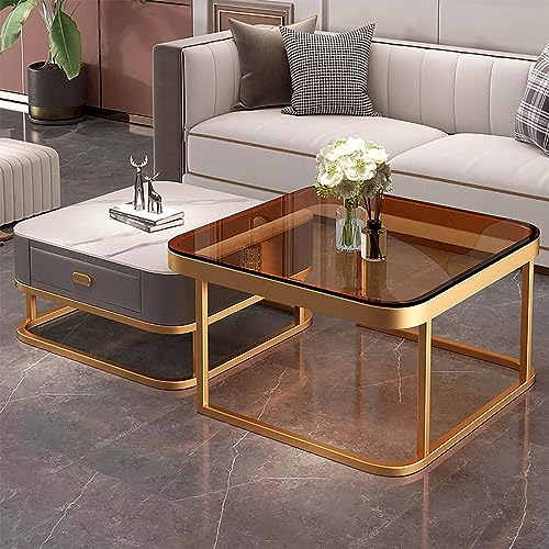 Couchtisch Gold 2er-Set Couchtisch aus Glas mit Metallrahmen Couchtische für Wohnzimmer Quadratischer Couchtisch mit Stauraum Modernes Design Zuhause Einfache Montage für Wohnzimmer Büro (Fa von GHKFEJGDEN