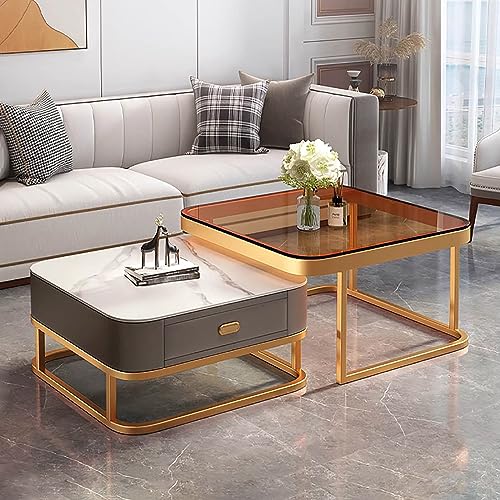 Quadratischer Couchtisch Gold 2er-Set Couchtisch aus Glas mit Metallrahmen Couchtische für Wohnzimmer Aufbewahrung Couchtisch Modernes Design Zuhause Einfache Montage für Wohnzimmer Büro Sch von GHKFEJGDEN