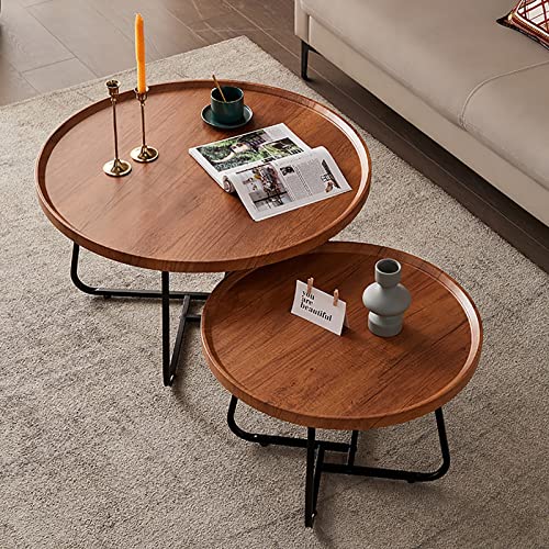 Runder Satztisch für das Wohnzimmer, moderner Akzent-Satztisch, 2er-Set, Beistelltisch aus Holz, für kleine Räume, Wohnzimmer, Balkon, Büro, Metallbeine, einfache Montage (Farbe: Hellbraun) von GHKFEJGDEN