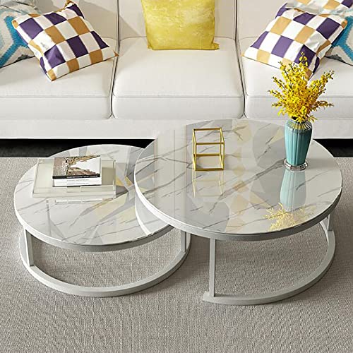 Satztisch-Couchtisch, 2er-Set, moderner Beistelltisch, runde, stapelbare Couchtische aus gehärtetem Glas mit Marmorstruktur, Sofatisch für das Wohnzimmer, Metallrahmen, für das Wohnzimmer, d von GHKFEJGDEN