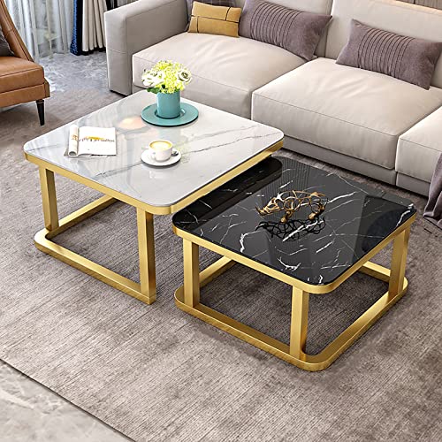 Satztisch-Couchtisch, 2er-Set, stapelbare Beistelltische, Marmoreffekt, Glatte Tischplatte aus gehärtetem Glas für Wohnzimmer, Sofatische aus Metall (Farbe: Goldrahmen, Größe: 70 cm Weiß + 6 von GHKFEJGDEN