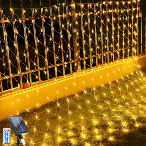 Solar Lichterkette, 2x3m LED Lichternetz Lichterkette , 192 LEDs 8 Modi Weihnachtsbeleuchtung Außen Wasserdicht Lichternetz mit Fernbedienung Timer für Geburstag, Hochzeit (2*3M, Warmes Weiß) von GHONLZIN