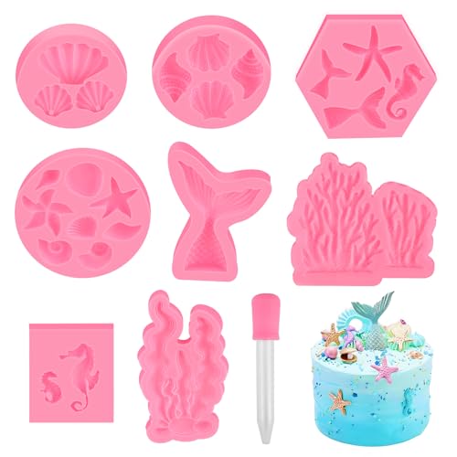 GHVACZS 3D Ozean Tier Silikon Backformen, 8 Stück Meerjungfrau Tortendeko Formen Fondant mit 1 Stück 5ml Dropper, Meerjungfrauenflosse Schwanz Fondantform zum Backen Kekse, Kuchen, Schokolade von GHVACZS