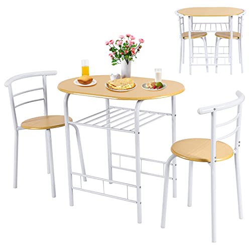 GIANTEX 3 TLG. Essgruppe Esstisch mit 2 Stühlen, Esszimmergruppe Kleiner Küchentisch Set für 2 Personen, Esszimmer Tisch mit Ablage, Bistro-Set Sitzgruppe Platzsparend (Natur+Weiß) von GIANTEX