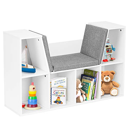 GIANTEX Kinder Bücherregal mit Sitzkissen, Bücherschrank Würfelregal 6 Fächern & 2 Ebenen, Holz Raumteiler Kinderregal mit Sitzbank bis 80kg belastbar, Aufbewahrungsregal für Wohnzimmer, Kinderzimmer von GIANTEX