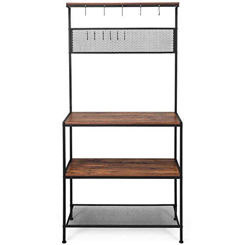 GIANTEX Küchenregal 3 Ebenen mit 11 Haken, Standregal mit Gitterablage, Holz Metall Mikrowellenregal Bäckerregal für Küche, Wohnzimmer, Flur, Schuhregal mit Garderobe, 84x40x171cm von GIANTEX