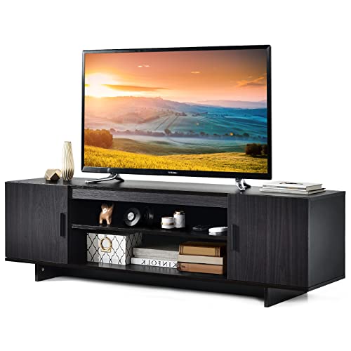 GIANTEX TV-Schrank TV-Board, Lowboard für Fernseher bis zu 65 Zoll, Fernsehschrank Fernsehtisch mit 2 offenen Ablagefächern & 2 Schranktüren, TV Kommode Holz, TV Lowboard Sideboard Dunkelgrau von GIANTEX