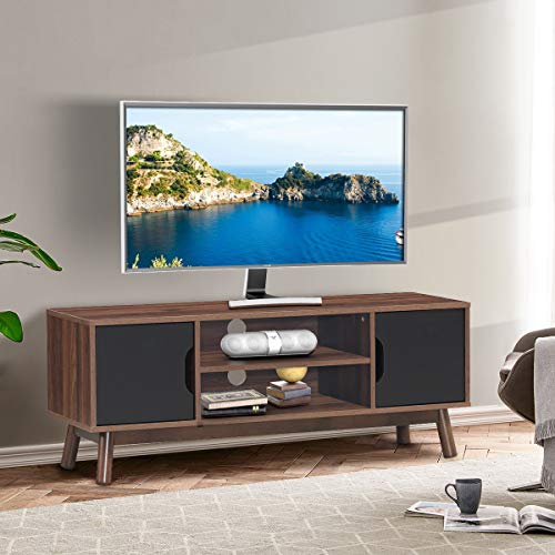 GIANTEX TV-Schrank TV-Board TV-Ständer, Lowboard für Fernseher bis zu 45", Fernsehschrank Fernsehtisch mit 2 offenen Ablagen & 2 Schrank mit Türen, TV Kommode Holz, TV Medienkonsole (Walnuss+Schwarz) von GIANTEX