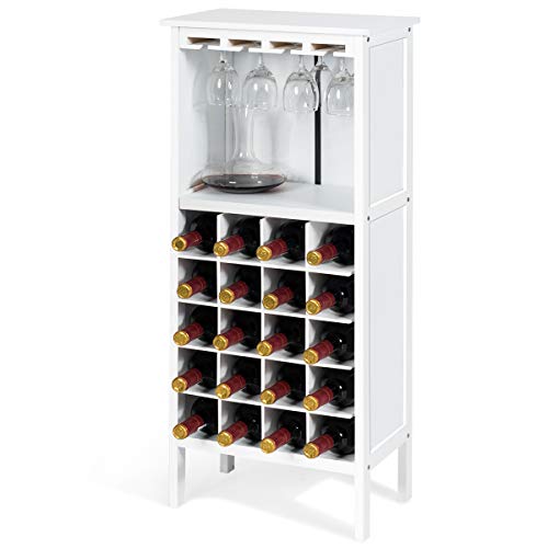 GIANTEX Weinschrank Holz, Weinregal Flaschenregal für 20 Flaschen mit Glasaufhänger, Weinständer Flaschenständer Gläserregal Vintage für Küche Bar 42 x 24,5 x 96cm (weiß) von GIANTEX