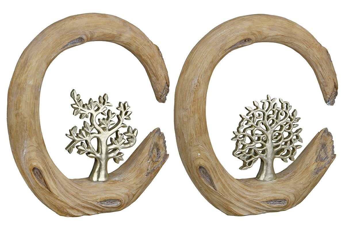 GILDE Dekoobjekt 2er Set Skulptur Baum naturfarben in Holzoptik Lebensbaum silberfarben von GILDE