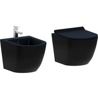Paar hängende Sanitärkeramiken ohne Rand Rimless der Serie New Bent in mattem Schwarz, inklusive Soft-Close-Toilettendeckel von GIORGY