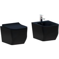 Paar hängende Sanitärkeramiken ohne Rand Rimless der Serie New Edge in mattem Schwarz, inklusive Soft-Close-Toilettendeckel von GIORGY