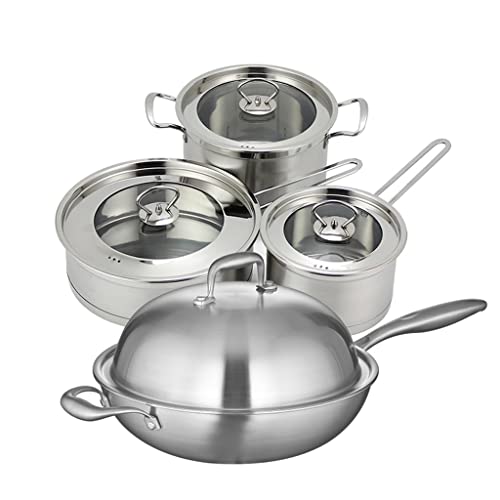 Kochgeschirr-Set, Kombination Aus Edelstahl, Wok, Suppentopf, Milchtopf, Bratpfanne, Geschenkset, Haushaltstopf (Farbe: Silber, Größe: 3-Töpfe-Set) (Silber, 4-Töpfe-Set) von GLETSF