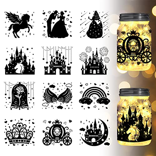 GLOBLELAND 12 Stück Märchen-Silhouette-Fensteraufkleber, Schloss, Prinzessin, Krone, Kunststoff-Silhouette, Wandaufkleber, Lampenaufkleber, Glasaufkleber, Dekorationen, Kunstwand, Heimdekoration von GLOBLELAND