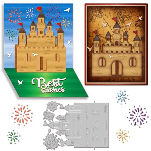 GLOBLELAND 3D Feuerwerk Schloss Stanzschablone, Castle Shaker, Metall Stanzform, Traumschloss Stanzform, Feuerwerk Stanzformen Für Heimwerker, Scrapbooking, Fotoalbum, Dekorative Prägung, Papierkarte von GLOBLELAND