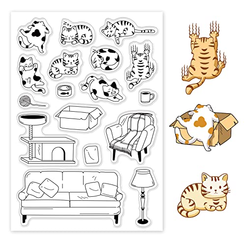 GLOBLELAND Katze Möbel Klare Stempel Katze Lebende Katze Schlafende Katzen Spielende Silikon Klare Stempel Sofa Kommode Stuhl Möbel Siegel Für DIY Scrapbooking Tagebücher Dekorative Karten Herstellung von GLOBLELAND