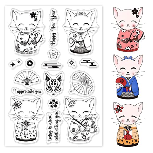 GLOBLELAND Tierstempel Clear Stamps Tier Silikonstempel Katze im Kimono Transparentes Stempel Siegel für Kartenherstellung Dekoration und DIY Scrapbooking Album Dekor von GLOBLELAND