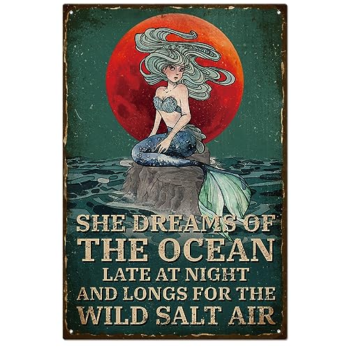 GLOBLELAND Vintage-Metall-Blechschild, Lustiges Retro „She Dreams Of The Ocean“, Metall-Wanddekoration, Dekoratives Blechschild, Kunsttafel, Poster, 8 x 12 Zoll/20x30 cm, Für Zuhause, Küche, Bar von GLOBLELAND