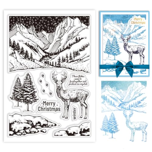 GLOBLELAND Winter Elch Hirsch Klare Stempel Schnee Silikon Klare Stempel Weihnachten Hirsch Kiefer Silikonstempel Für Weihnachtskartenherstellung Scrapbooking Fotoalbum Dekor von GLOBLELAND