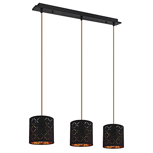 Globo Pendelleuchte schwarz Hängelampe Esstisch Wohnzimmerlampe hängend 3 flammig, Dekorstanzungen Metall schwarz gold, 3x E27 Fassungen, LxBxH 70x15x120 cm von Globo